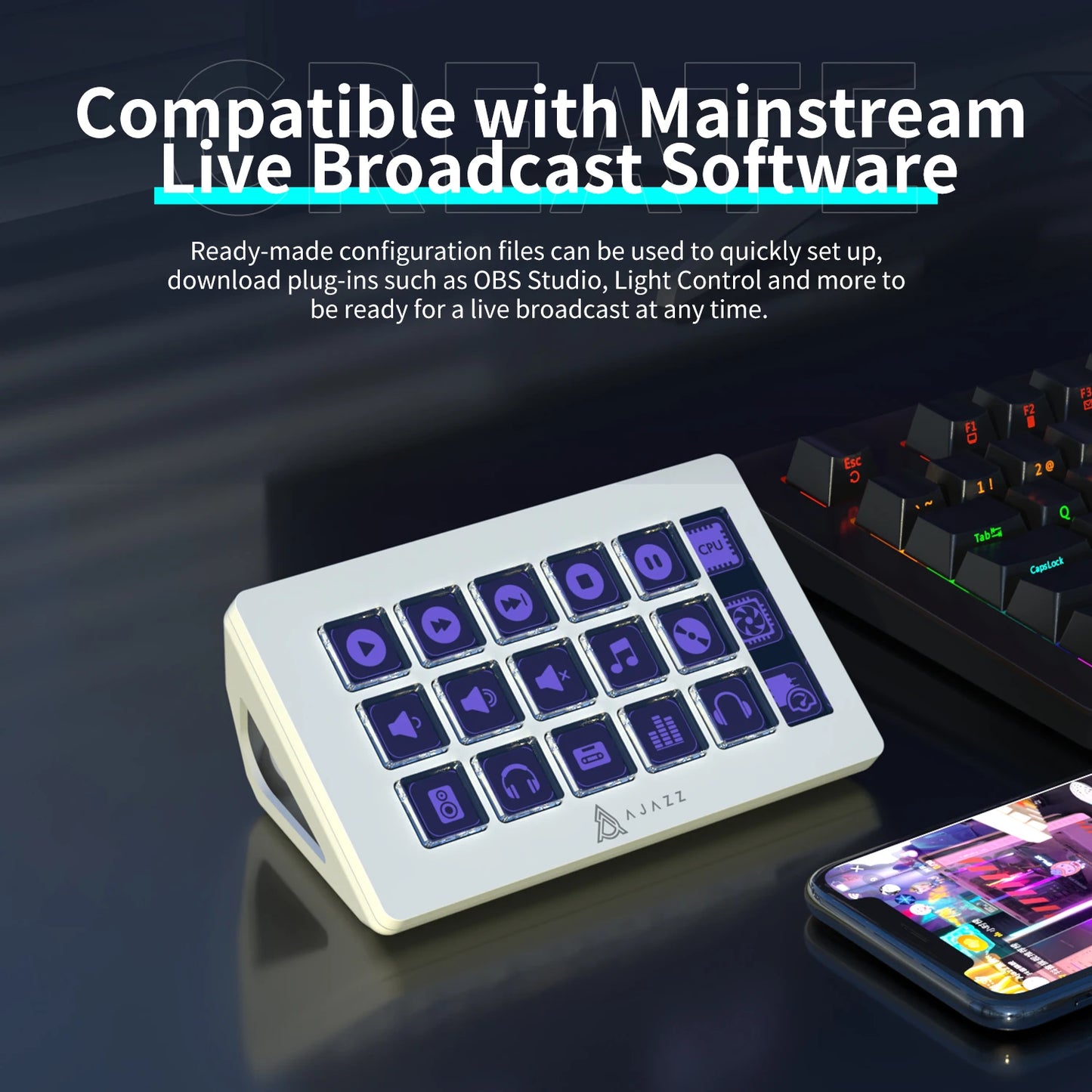 AJAZZ AKP153E Multifunctional Console Panel with 15 customizable LCD macro keys, wired Type-C interface, compact mini keyboard design (130×80×60mm), and full compatibility with Windows 7, macOS 10.13, Android, and iOS. Ideal for gamers, streamers, and professionals using OBS Studio, lighting controls, and multimedia shortcuts for enhanced productivity and control.