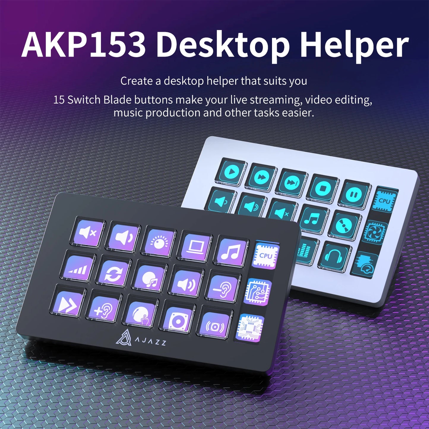 AJAZZ AKP153E Multifunctional Console Panel with 15 customizable LCD macro keys, wired Type-C interface, compact mini keyboard design (130×80×60mm), and full compatibility with Windows 7, macOS 10.13, Android, and iOS. Ideal for gamers, streamers, and professionals using OBS Studio, lighting controls, and multimedia shortcuts for enhanced productivity and control.