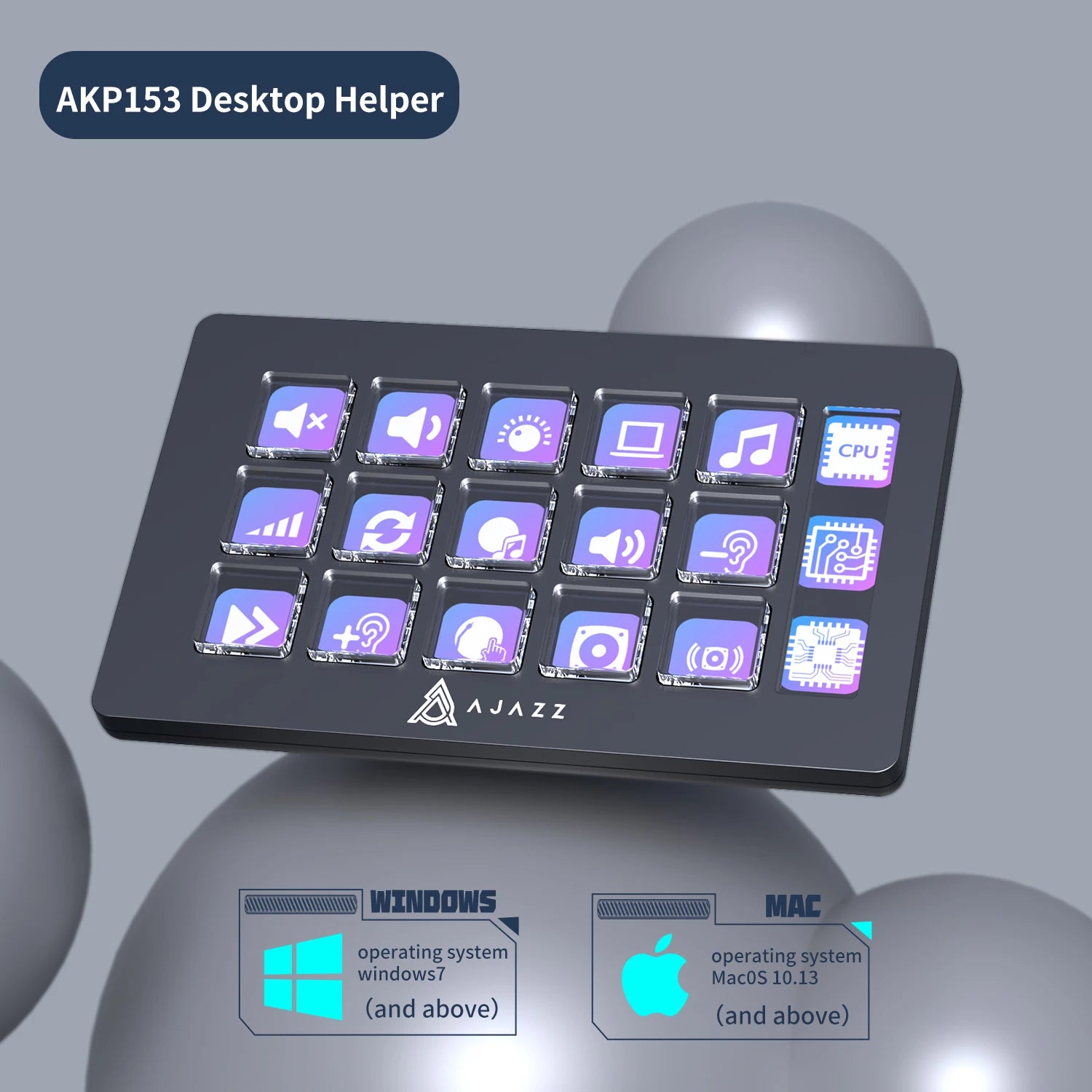 AJAZZ AKP153E Multifunctional Console Panel with 15 customizable LCD macro keys, wired Type-C interface, compact mini keyboard design (130×80×60mm), and full compatibility with Windows 7, macOS 10.13, Android, and iOS. Ideal for gamers, streamers, and professionals using OBS Studio, lighting controls, and multimedia shortcuts for enhanced productivity and control.