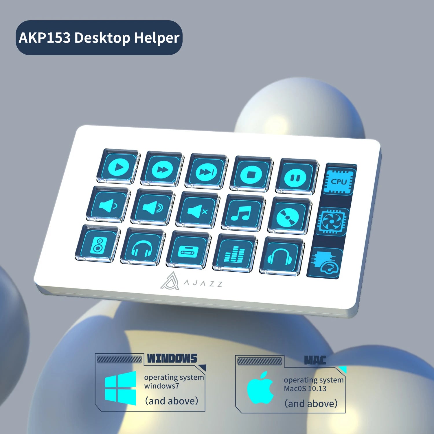 AJAZZ AKP153E Multifunctional Console Panel with 15 customizable LCD macro keys, wired Type-C interface, compact mini keyboard design (130×80×60mm), and full compatibility with Windows 7, macOS 10.13, Android, and iOS. Ideal for gamers, streamers, and professionals using OBS Studio, lighting controls, and multimedia shortcuts for enhanced productivity and control.